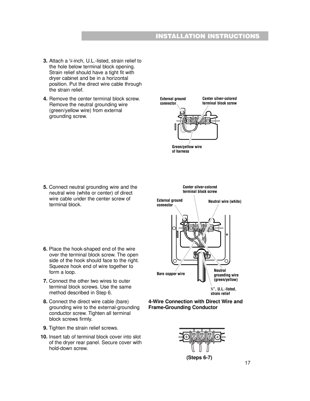 Whirlpool 240-volt installation instructions Bare copper wire Neutral 