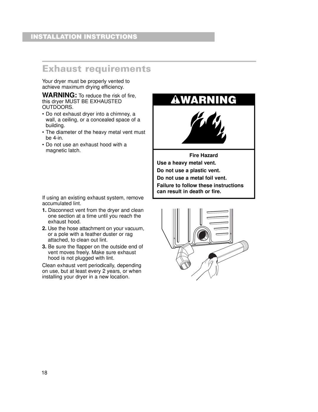 Whirlpool 240-volt installation instructions Exhaust requirements 