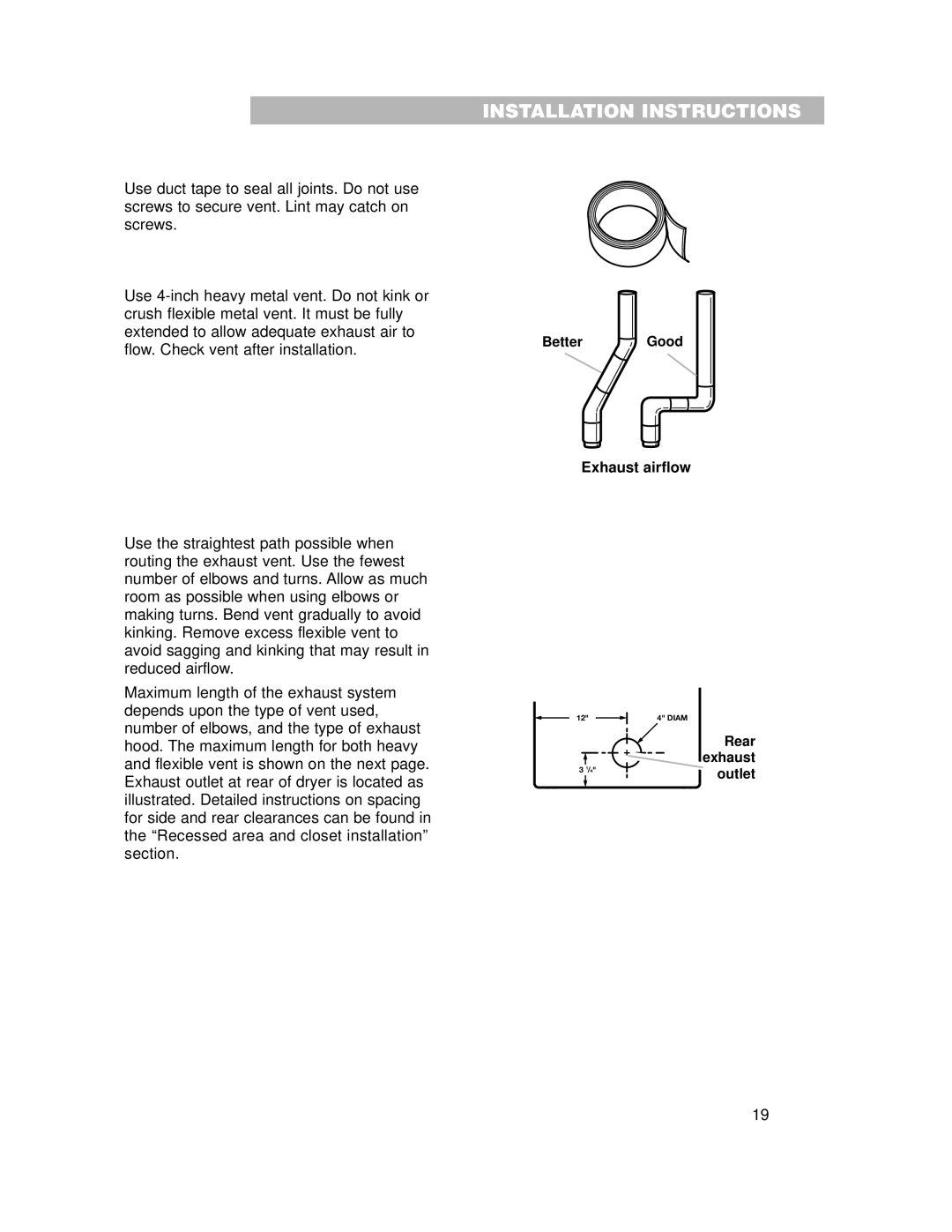 Whirlpool 240-volt installation instructions Exhaust airflow 