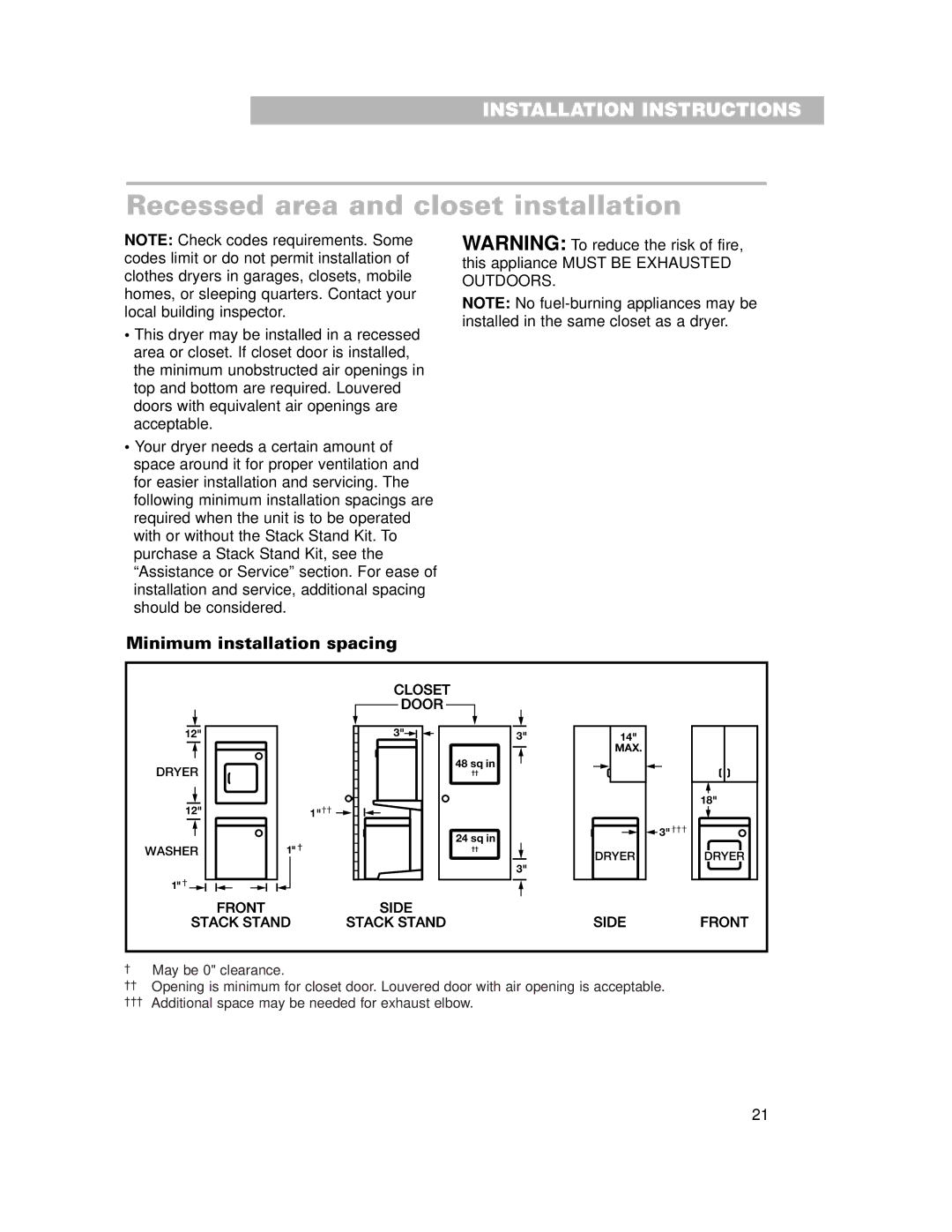 Whirlpool 240-volt installation instructions Recessed area and closet installation, Minimum installation spacing 