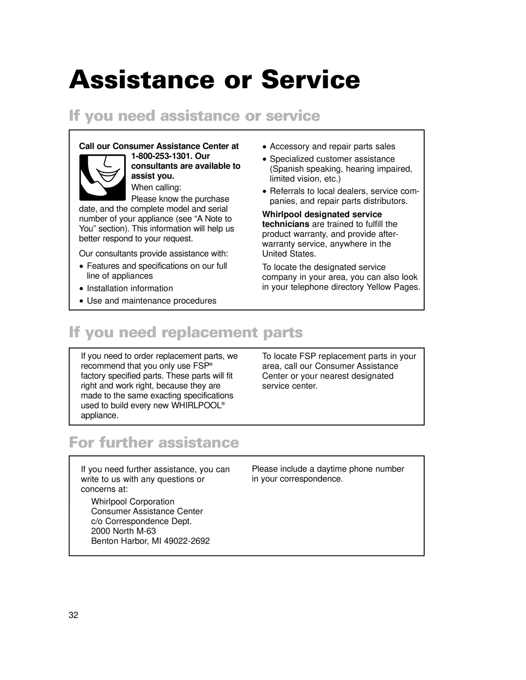 Whirlpool 240-volt Assistance or Service, If you need assistance or service, If you need replacement parts 