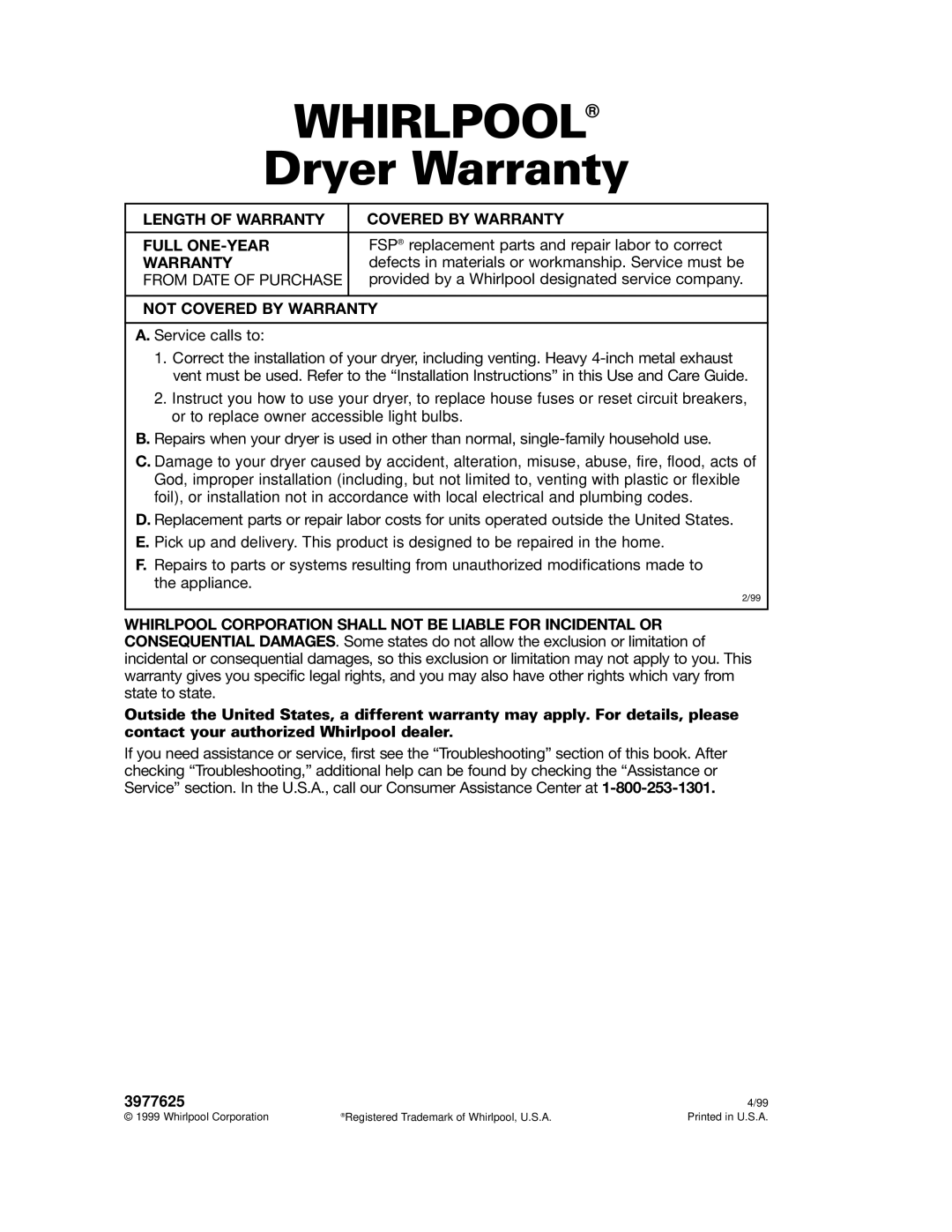 Whirlpool 240-volt installation instructions Whirlpool, Dryer Warranty 