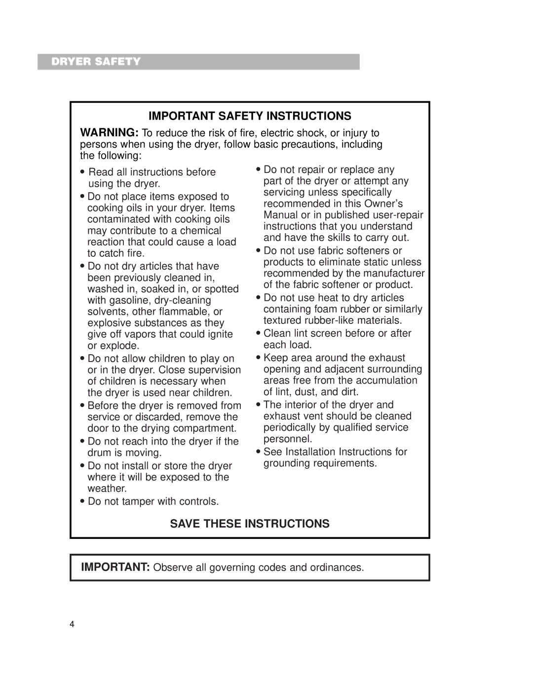 Whirlpool 240-volt installation instructions Important Safety Instructions 