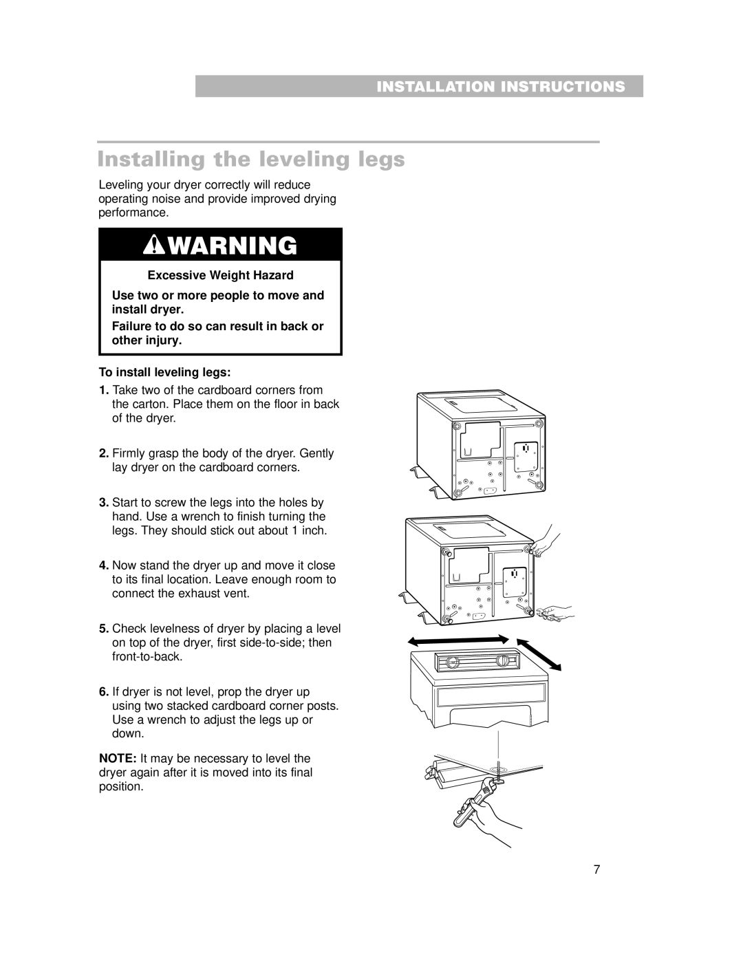 Whirlpool 240-volt installation instructions Installing the leveling legs 