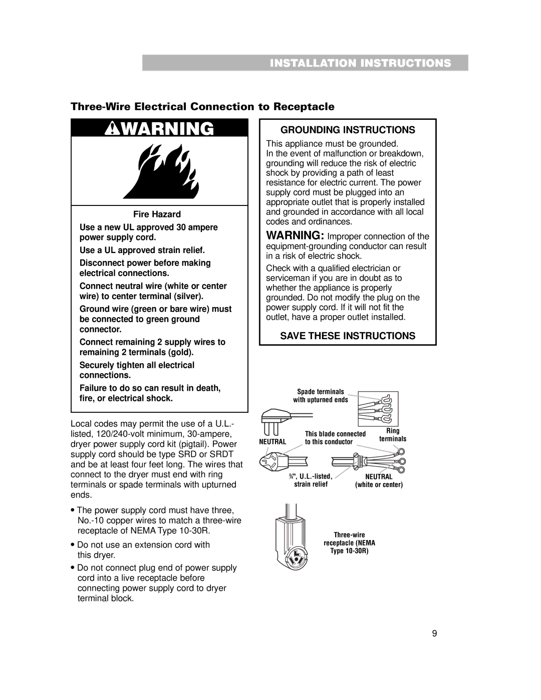 Whirlpool 240-volt installation instructions Three-Wire Electrical Connection to Receptacle, Grounding Instructions 