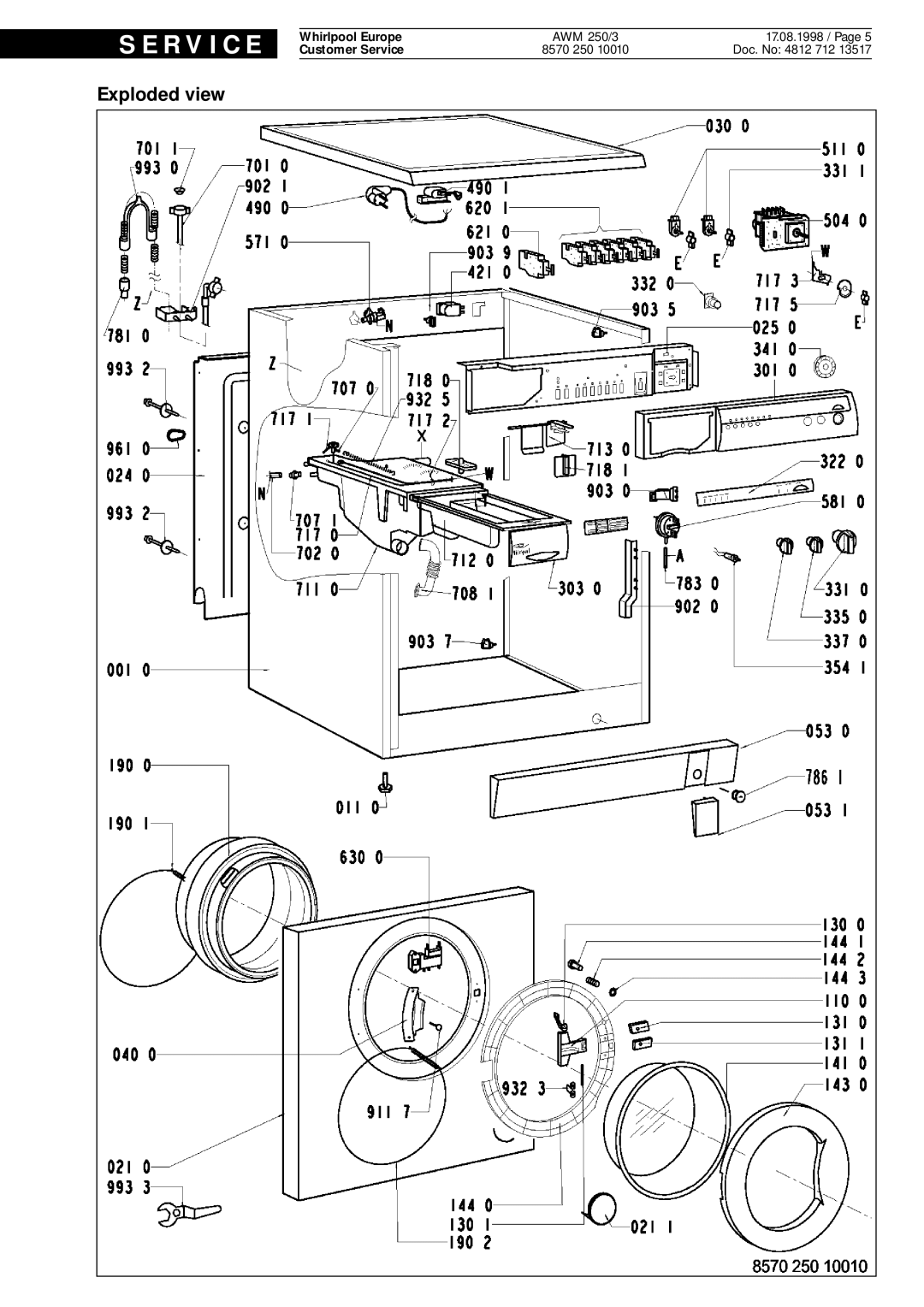 Whirlpool AWM 250 3 service manual Exploded view, S E R V I C E, Doc. No 