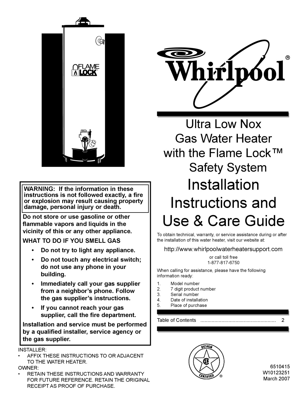 Whirlpool 285256 installation instructions Installation Instructions and Use & Care Guide, Ultra Low Nox Gas Water Heater 