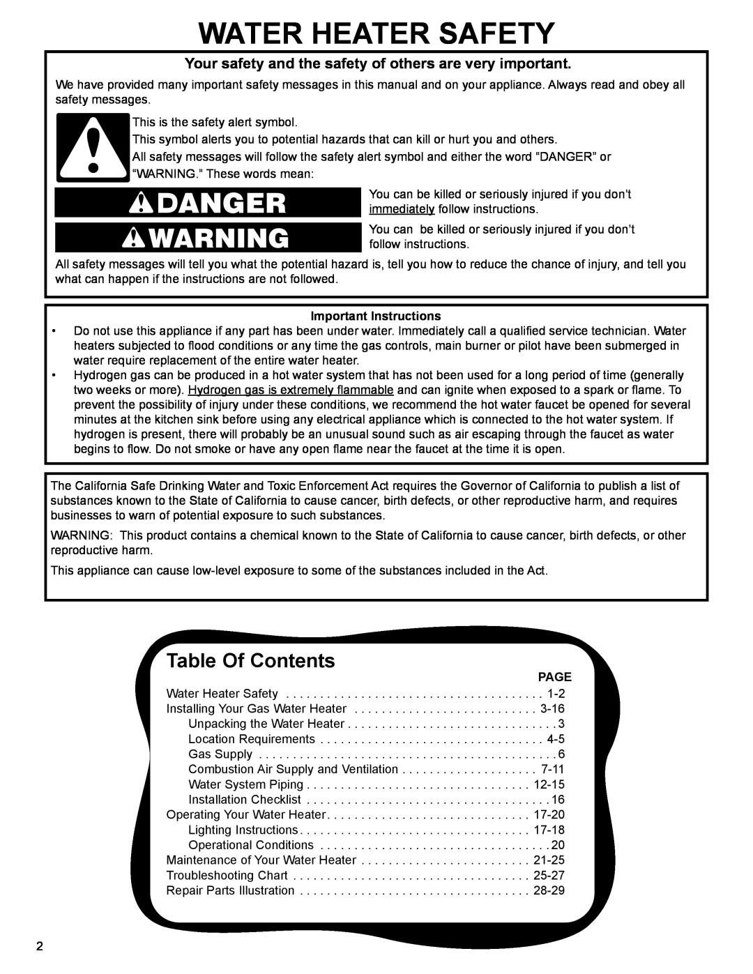 Whirlpool 285253, 285258, 285256, 285255, 285257, 285252 Water Heater Safety, Table Of Contents, Important Instructions, Page 