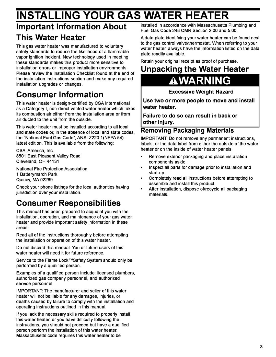 Whirlpool 285255 Installing Your Gas Water Heater, Important Information About This Water Heater, Consumer Information 