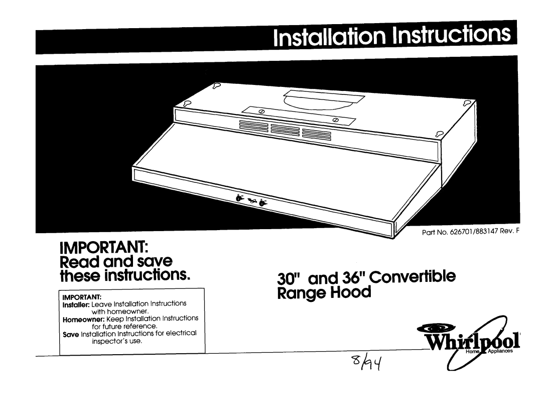 Whirlpool 35-718, 29-718 installation instructions Convertible Range Hood, Important Read and save these instructions 