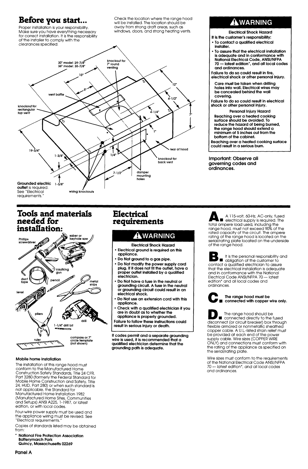 Whirlpool 29-718, 35-718 Before you start, Tools and materials needed for installation, Electrical requirements, Panel a 