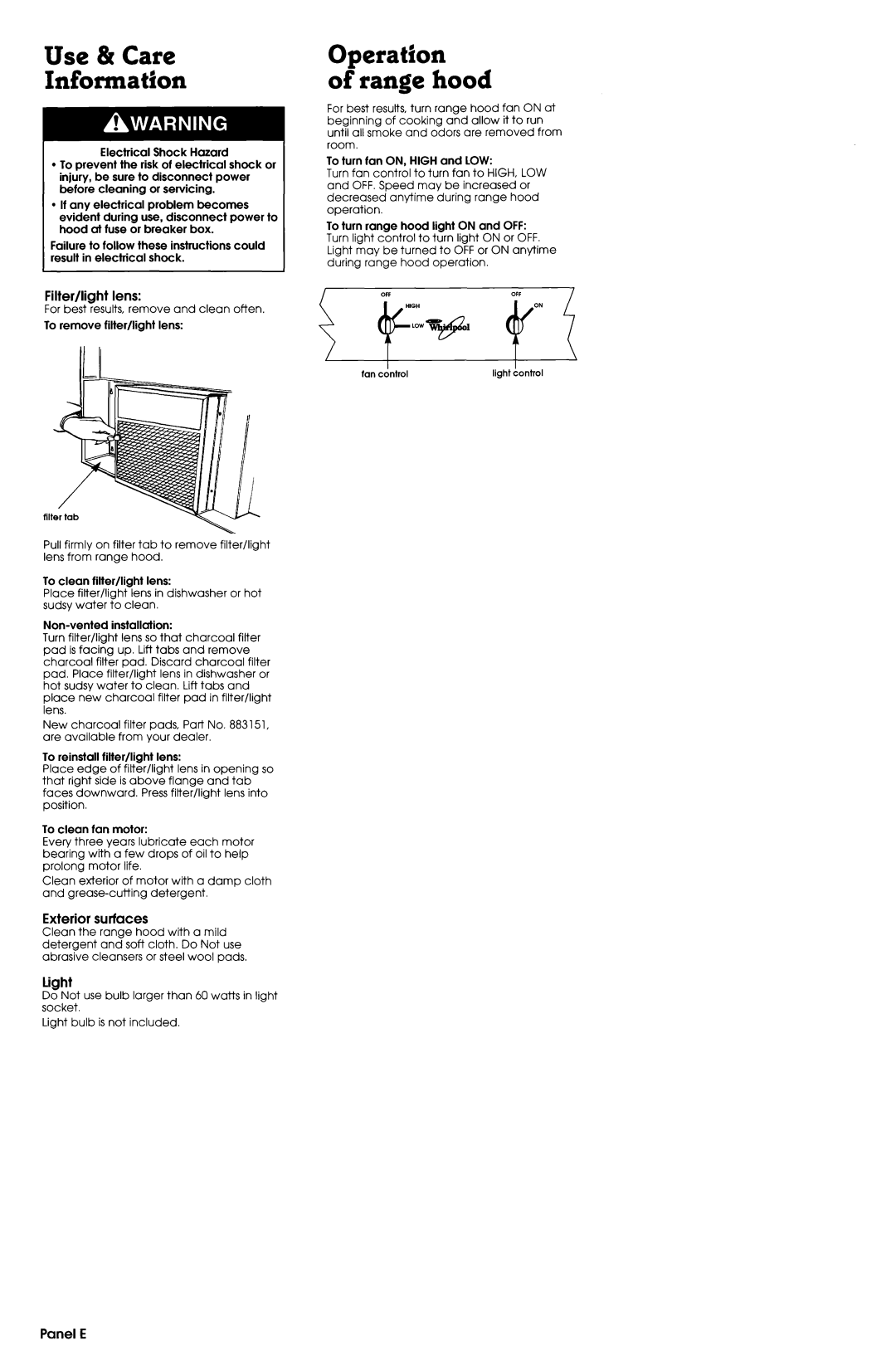 Whirlpool 29-718, 35-718 installation instructions Use & Care Information, Operation Range hood 