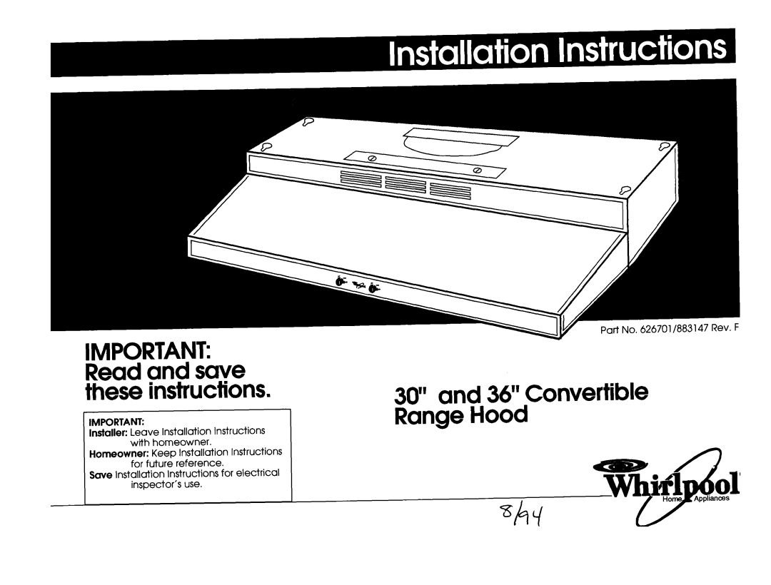 Whirlpool 35-718 installation instructions IMPORTANT Read and save these instructions, 30” and 36” Convertible Range Hood 