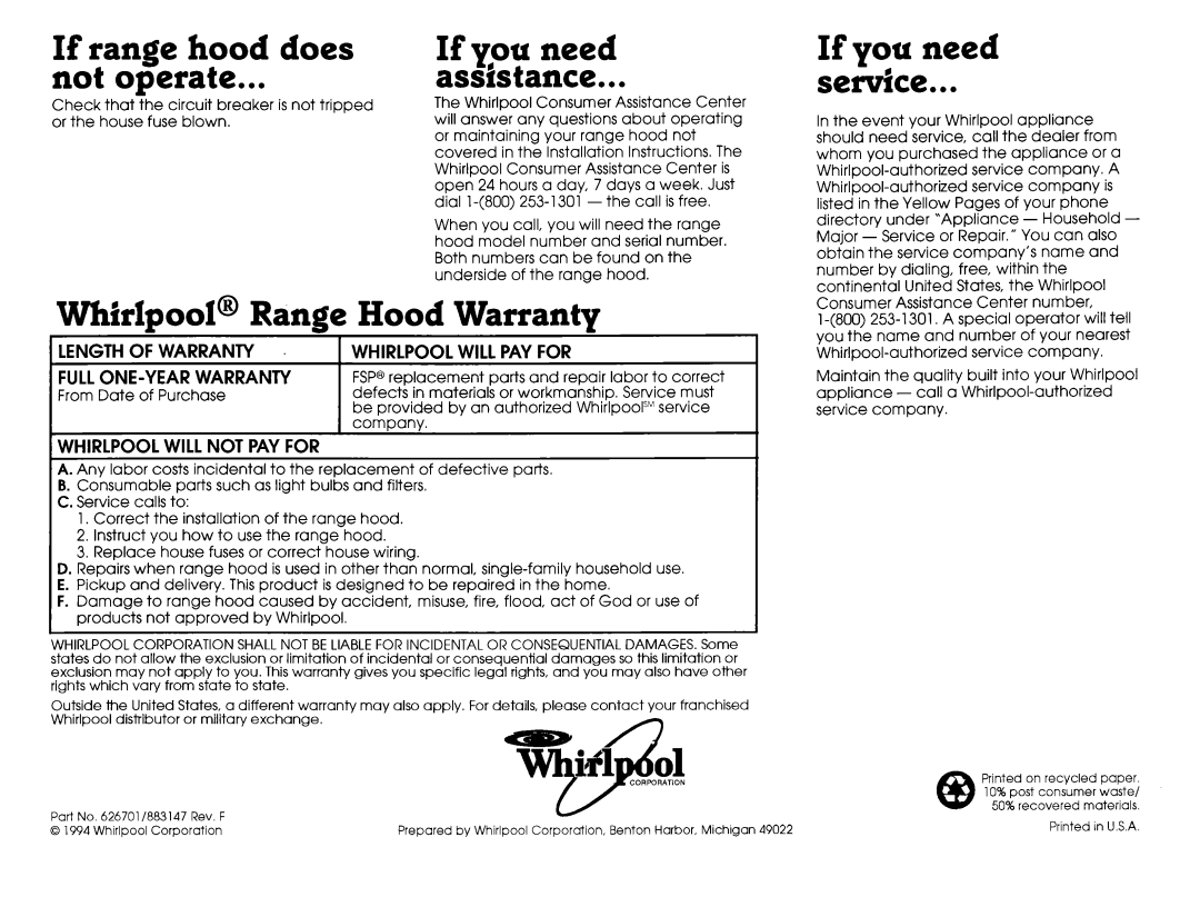 Whirlpool 35-718, 29-718 If range hood does not operate, If you need assistance, If you need service, Lengthof Warranty 