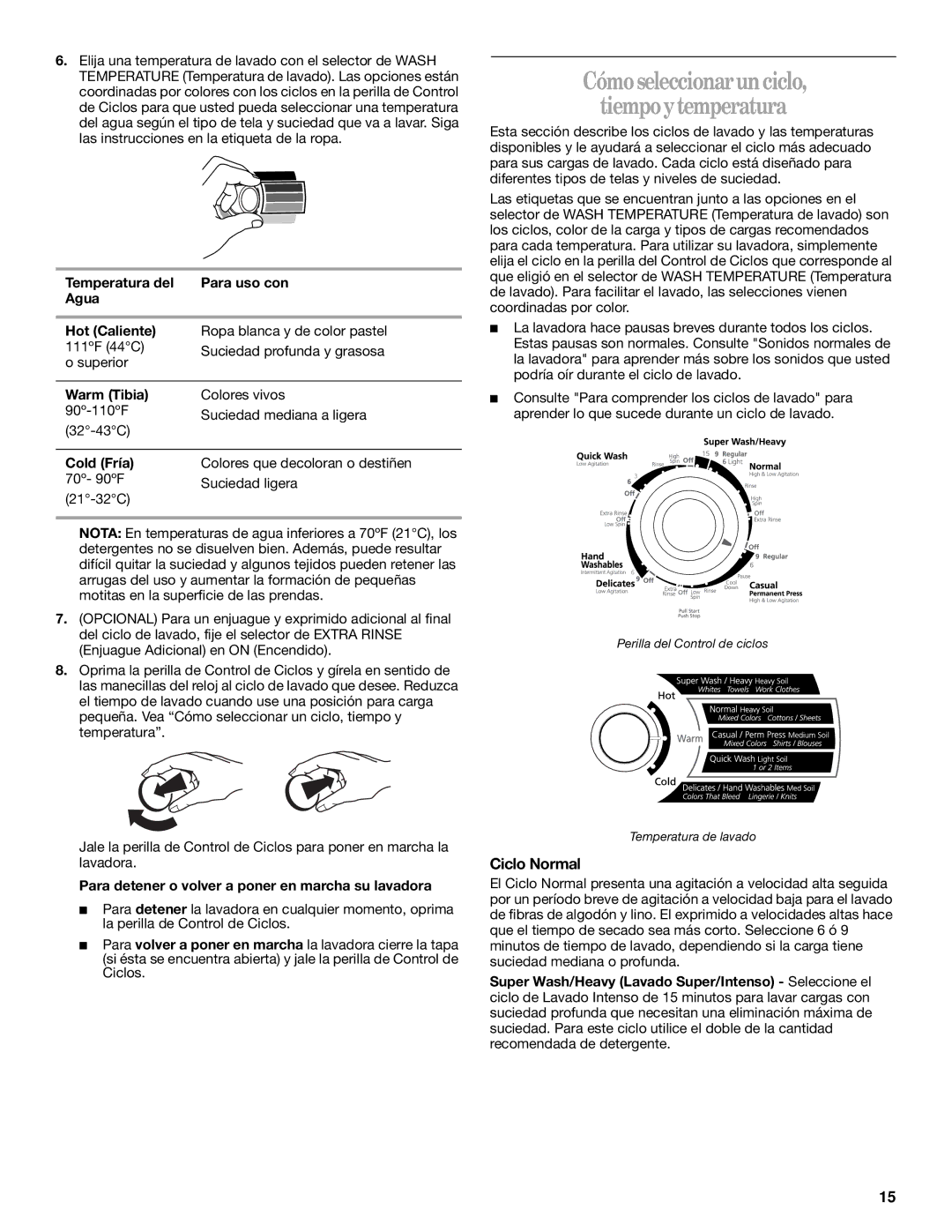 Whirlpool 2DLSQ8000JQ0 manual Ciclo Normal, Temperatura del Para uso con Agua Hot Caliente, Warm Tibia, Cold Fría 