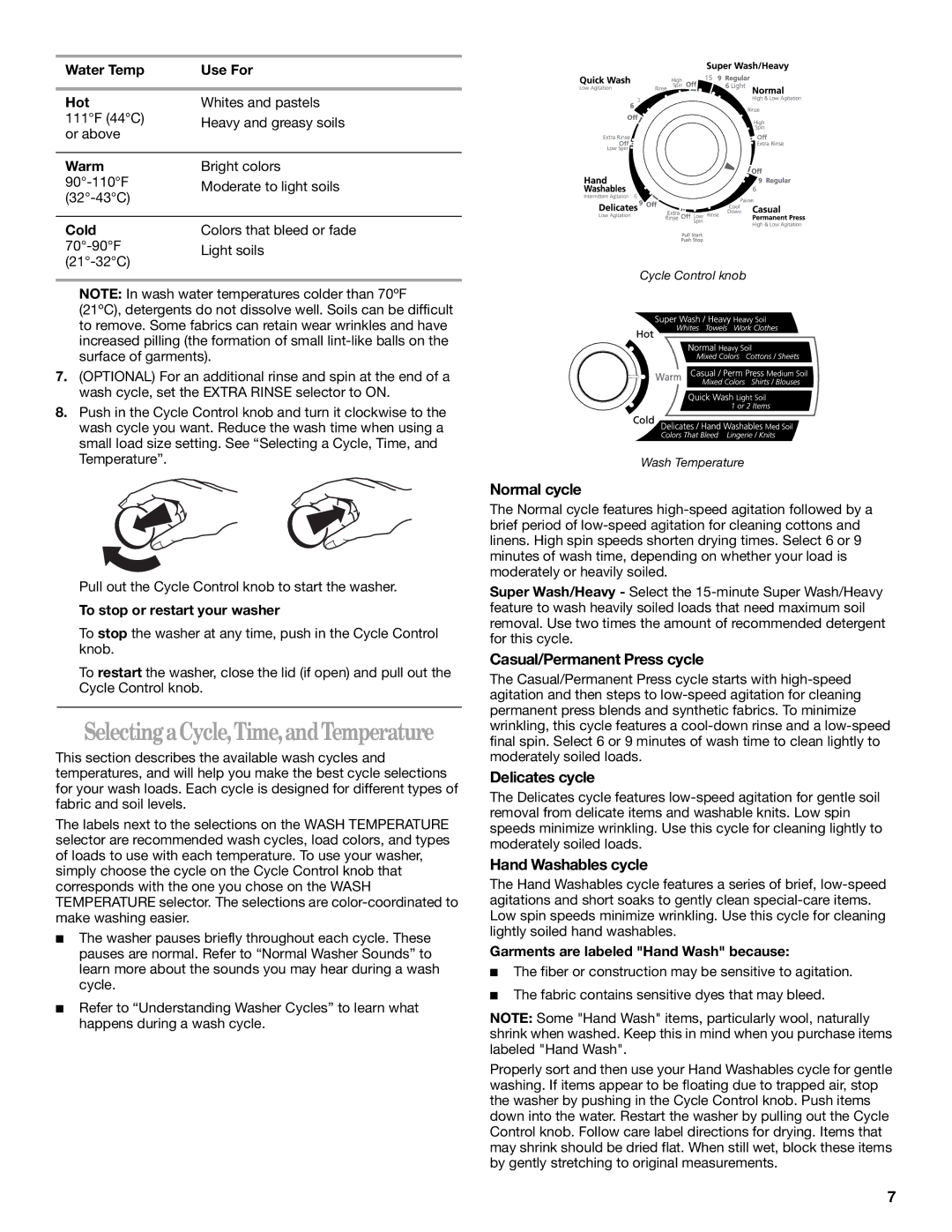 Whirlpool 2DLSQ8000JQ0 SelectingaCycle,Time,andTemperature, Normal cycle, Casual/Permanent Press cycle, Delicates cycle 