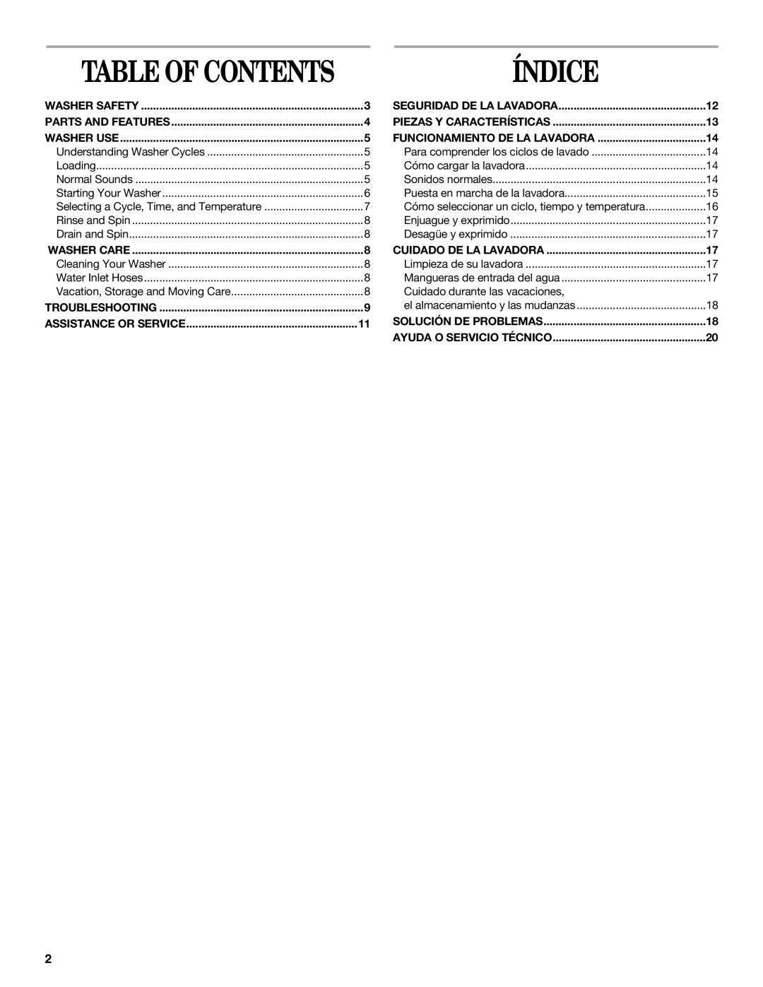 Whirlpool 2DLSQ8000JQ3 manual Índice, Table of Contents 