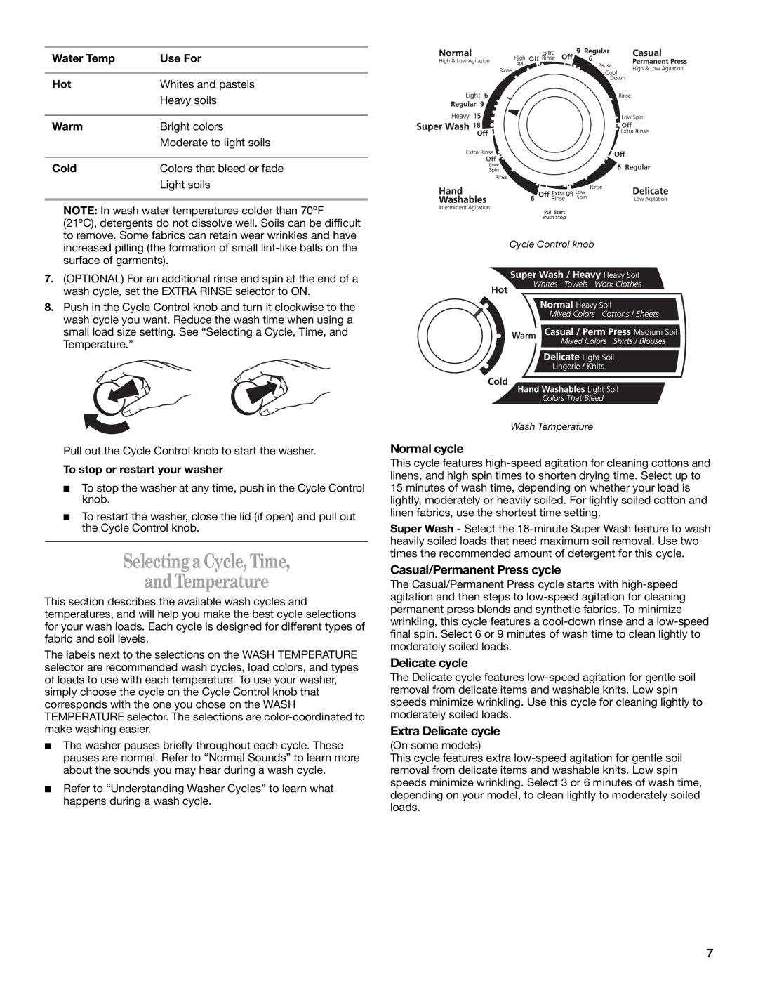 Whirlpool 2DLSQ8000JQ3 Selecting a Cycle, Time Temperature, Normal cycle, Casual/Permanent Press cycle, Delicate cycle 