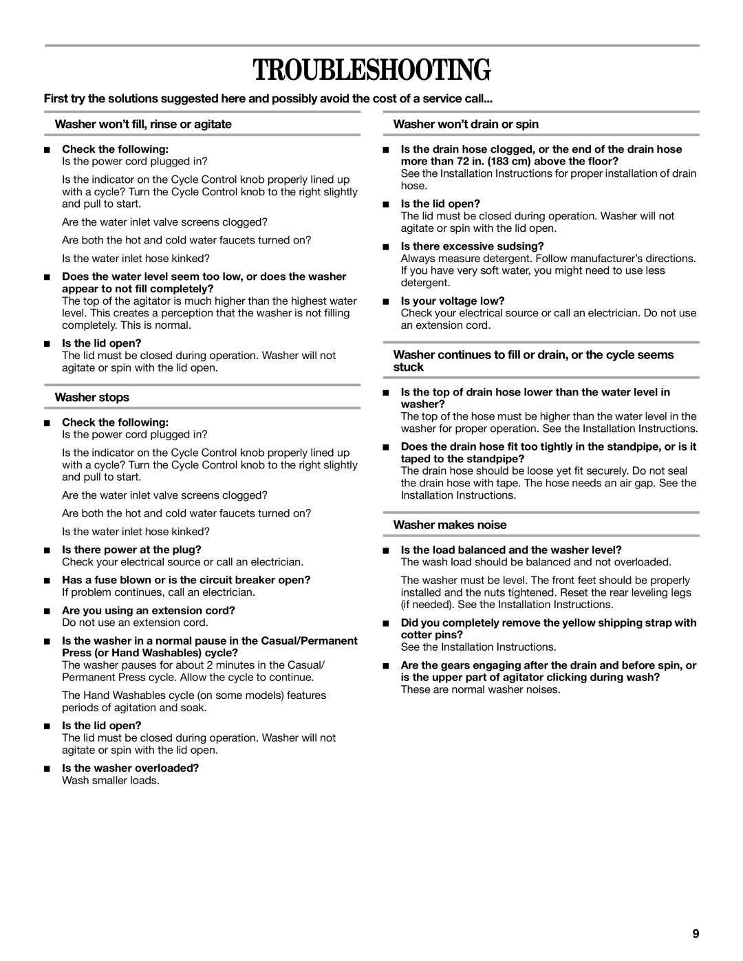 Whirlpool 2DLSQ8000JQ3 manual Troubleshooting, Washer stops, Washer won’t drain or spin, Washer makes noise 