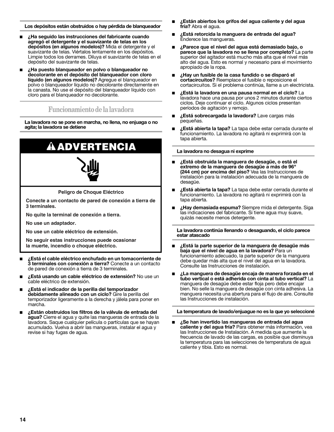 Whirlpool 2DWTW5305SQ0 warranty Funcionamiento de la lavadora 