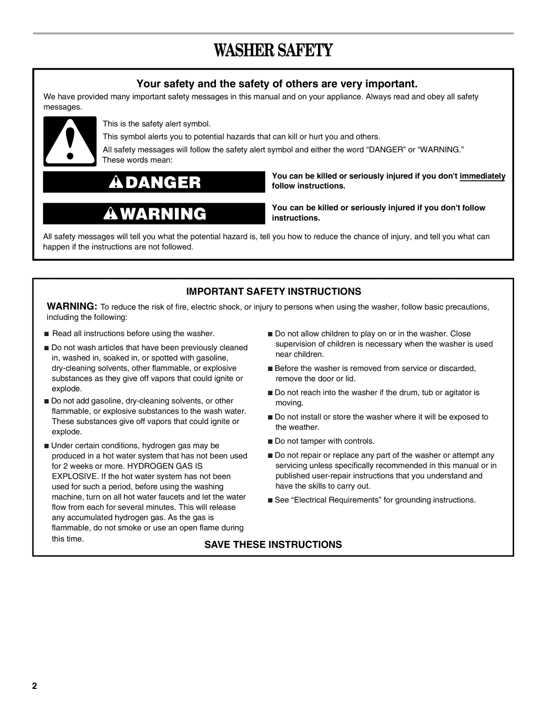 Whirlpool 2DWTW5305SQ0 warranty Washer Safety, Your safety and the safety of others are very important 