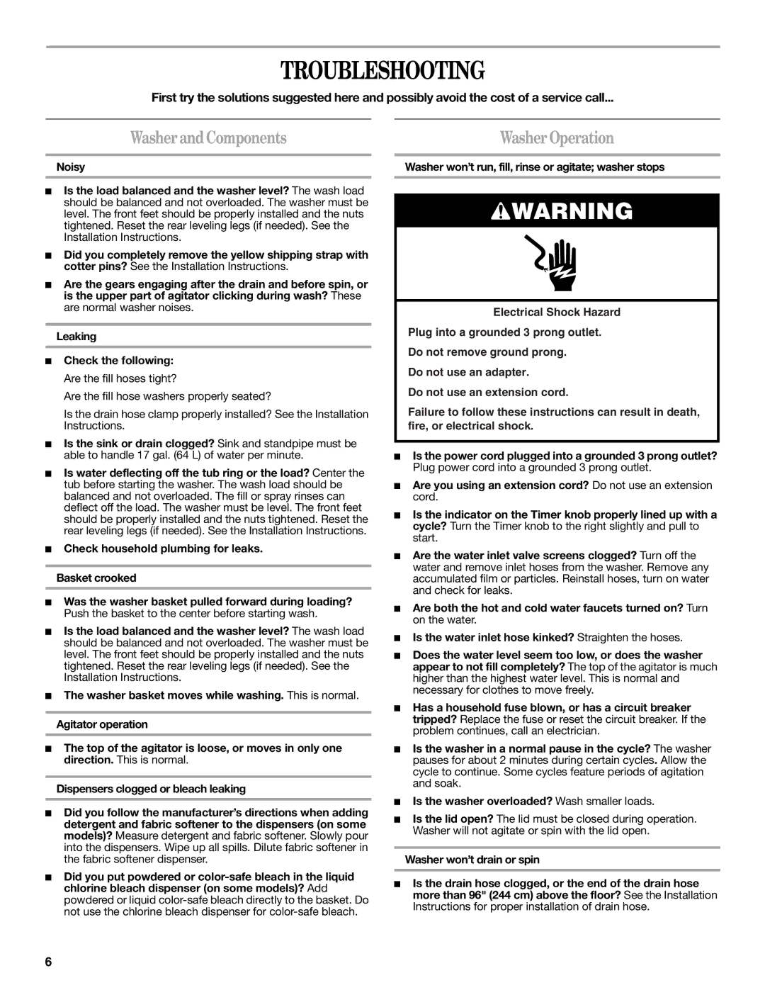 Whirlpool 2DWTW5305SQ0 warranty Troubleshooting, WasherandComponents 