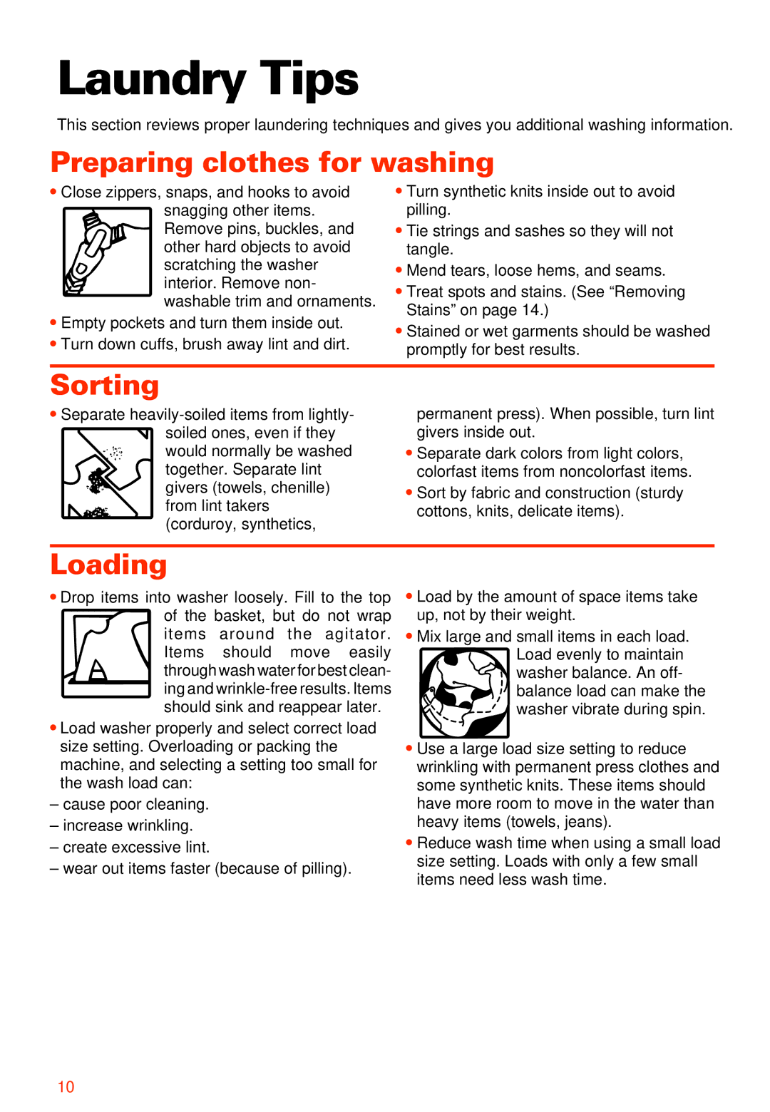 Whirlpool 2LSR5233BN0 manual Laundry Tips, Preparing clothes for washing, Sorting, Loading 