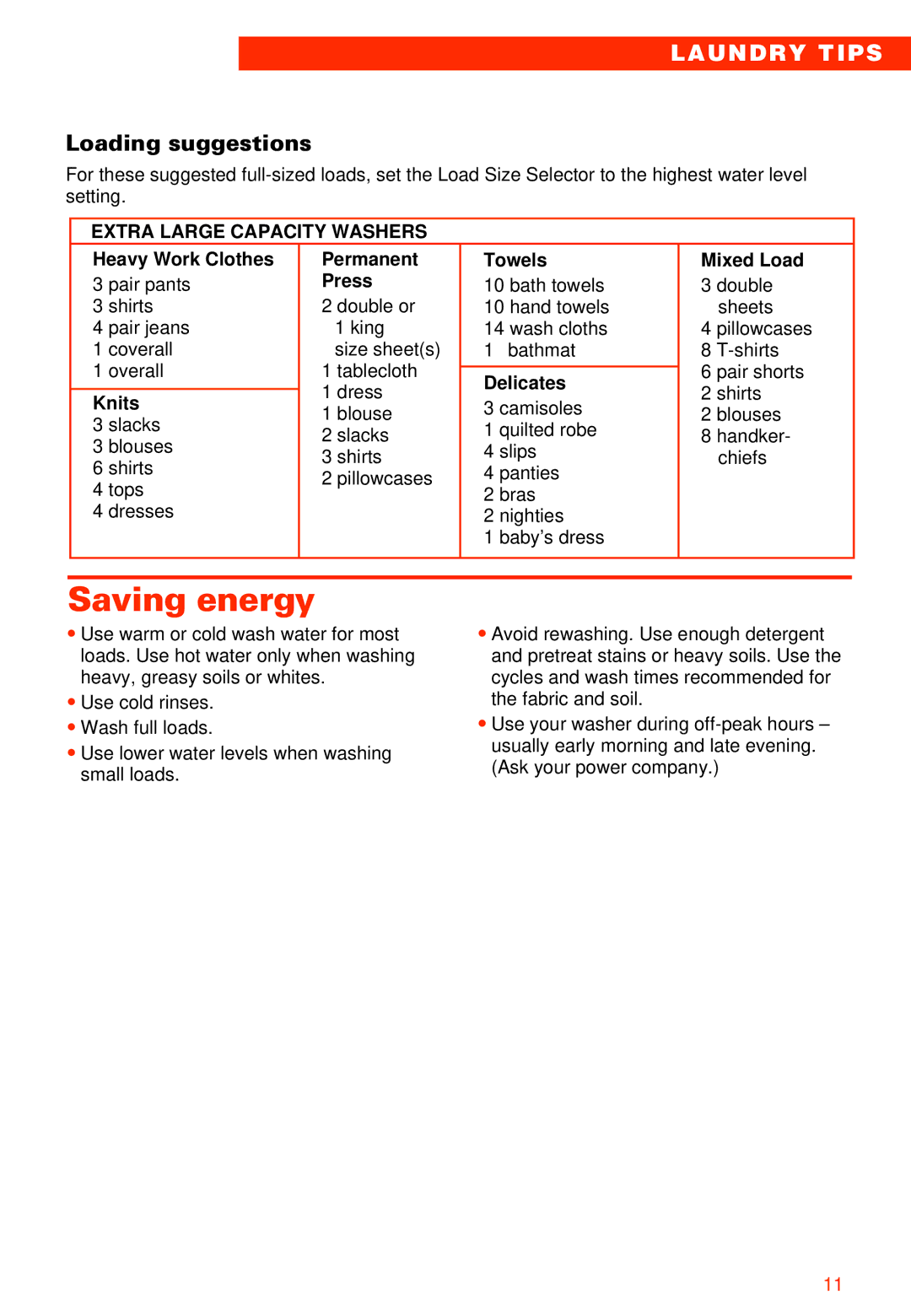 Whirlpool 2LSR5233BN0 manual Saving energy, Laundry Tips, Loading suggestions, Extra Large Capacity Washers 