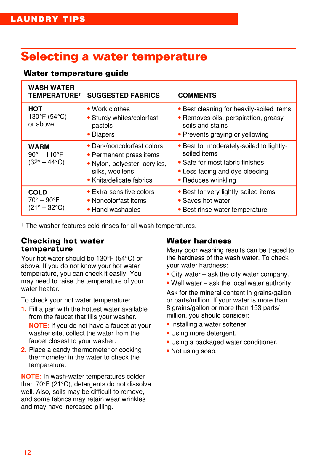 Whirlpool 2LSR5233BN0 manual Selecting a water temperature, Water temperature guide, Checking hot water temperature 