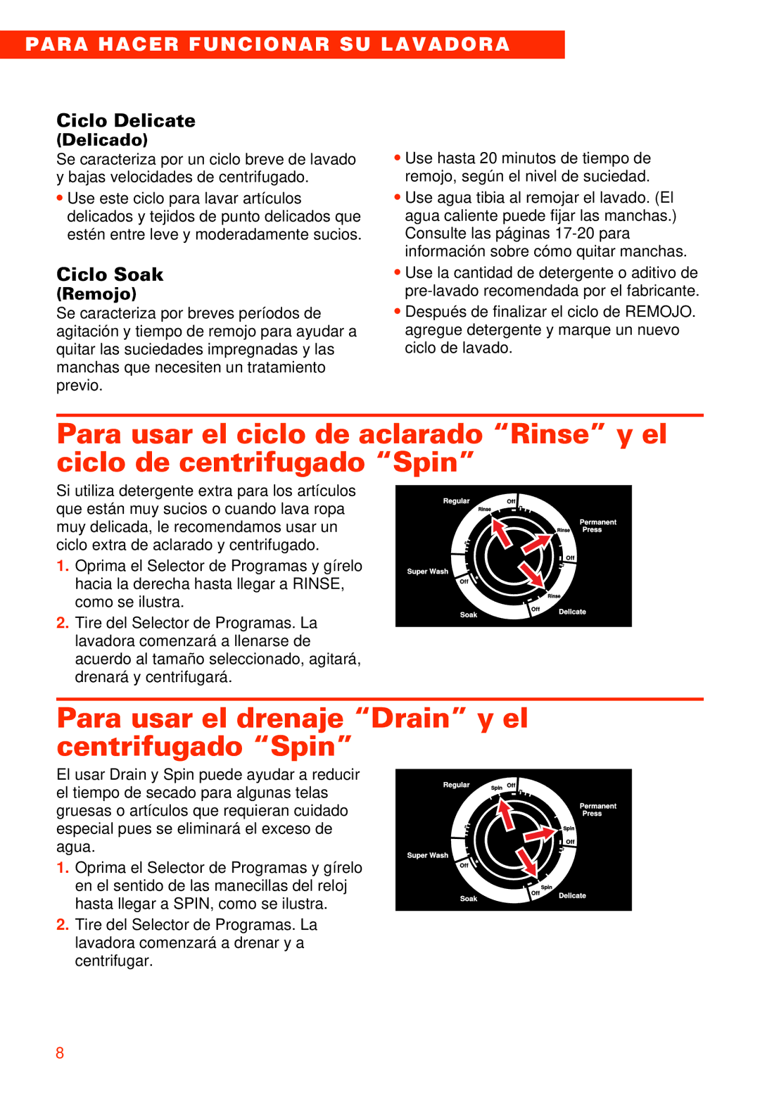 Whirlpool 2LSR5233BN0 manual Para usar el drenaje Drain y el centrifugado Spin, Ciclo Delicate, Ciclo Soak 