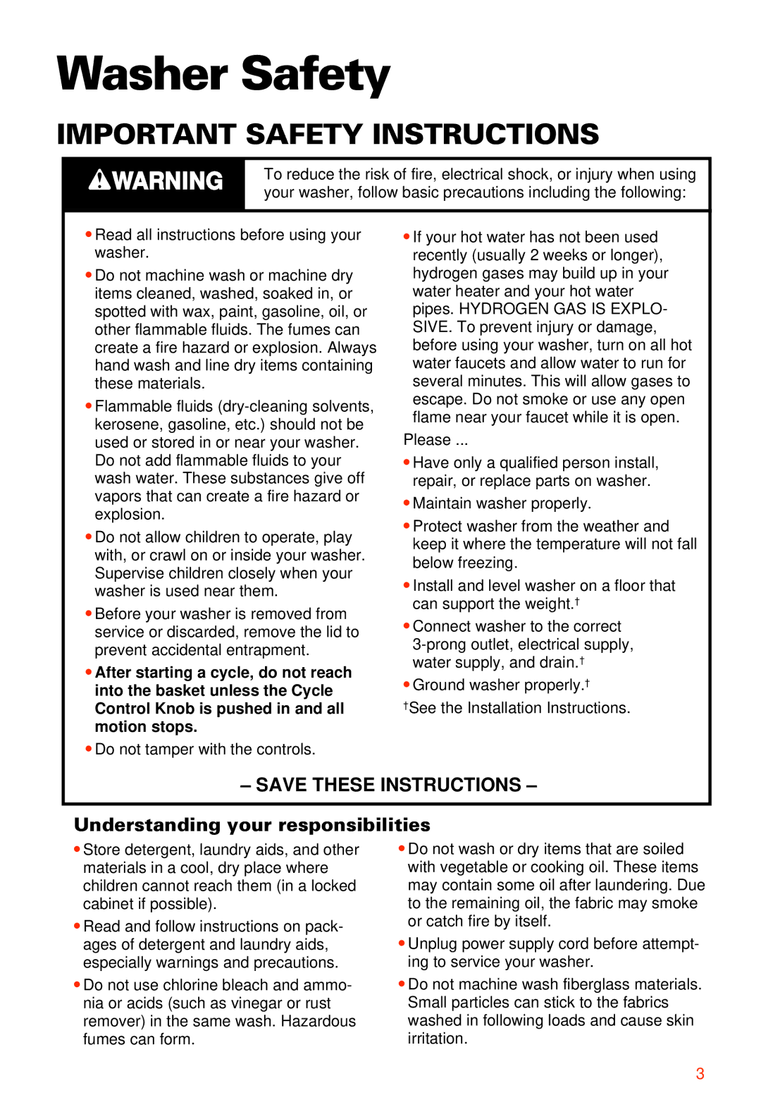 Whirlpool 2LSR5233BN0 manual Washer Safety, Understanding your responsibilities 