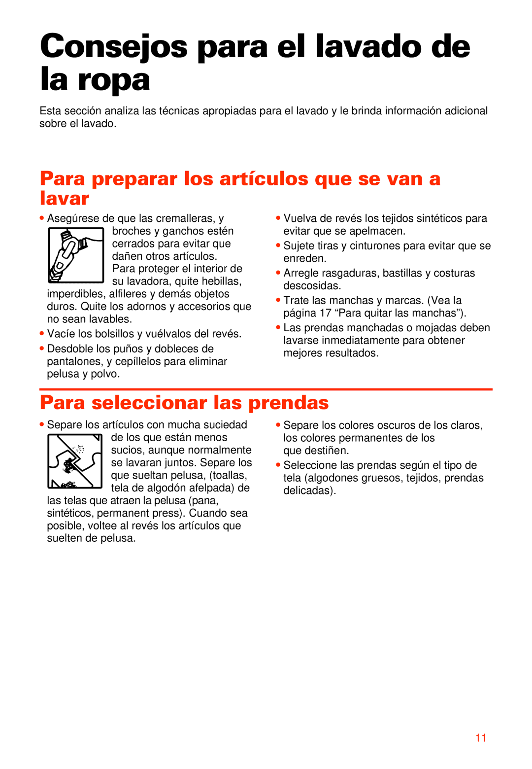 Whirlpool 2LSR5233BN0 manual Consejos para el lavado de la ropa, Para preparar los artículos que se van a lavar 