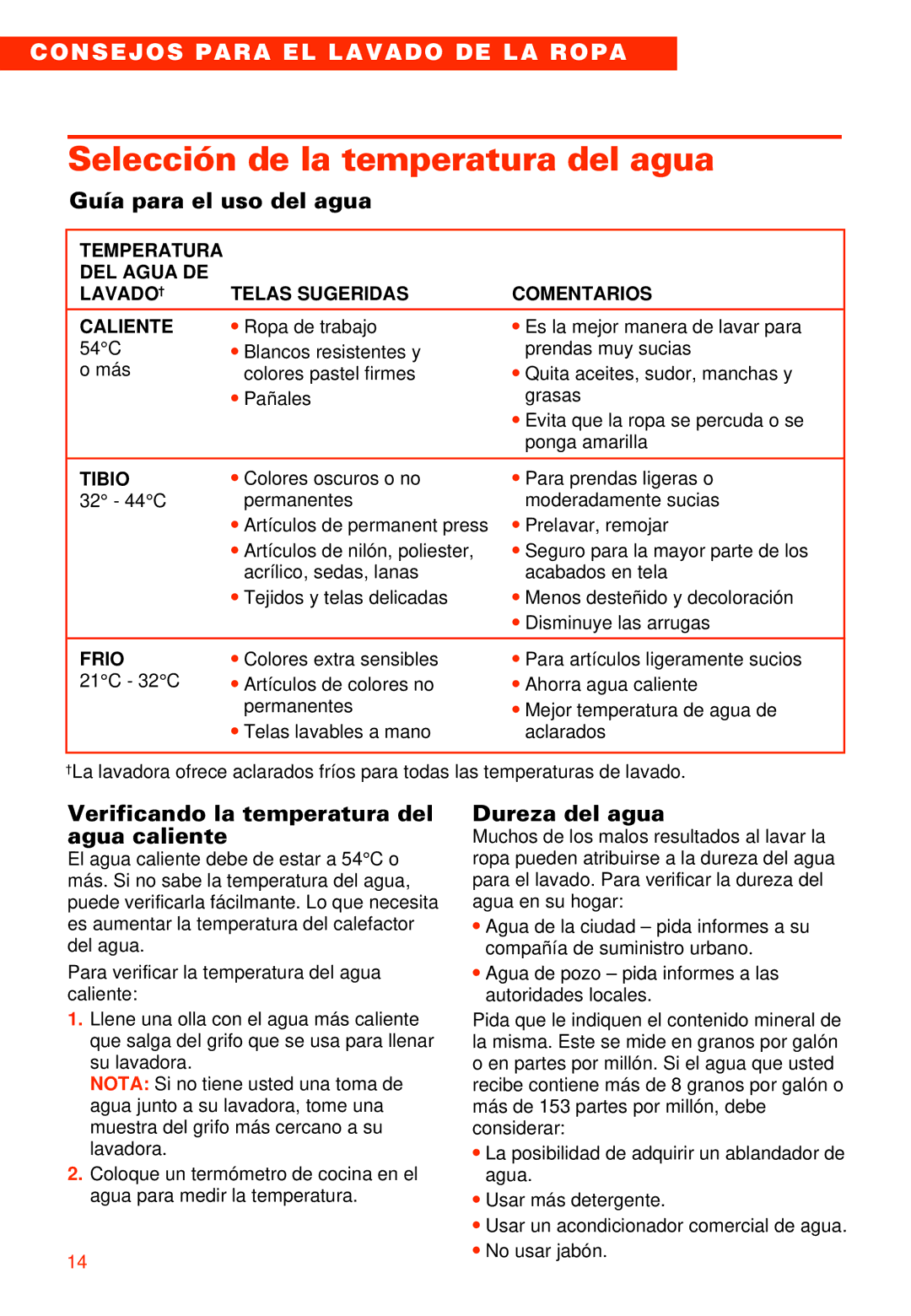 Whirlpool 2LSR5233BN0 manual Selección de la temperatura del agua, Guía para el uso del agua, Dureza del agua 