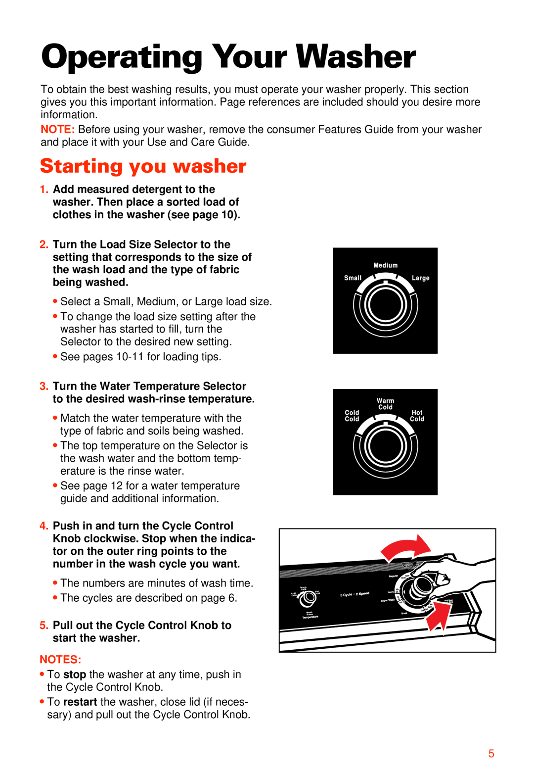 Whirlpool 2LSR5233BN0 Operating Your Washer, Starting you washer, Pull out the Cycle Control Knob to start the washer 