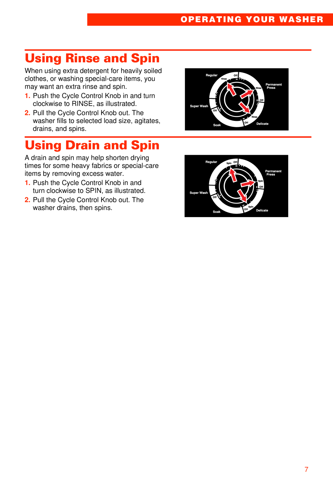 Whirlpool 2LSR5233BN0 manual Using Rinse and Spin, Using Drain and Spin 