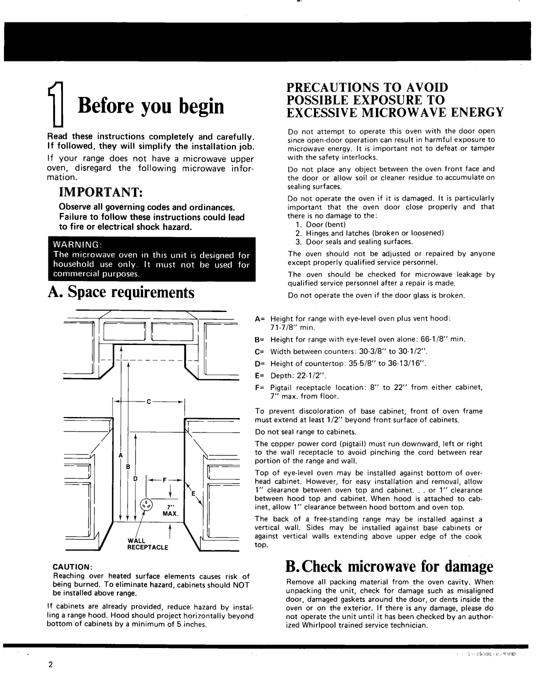 Whirlpool 30 eye-level range manual IIBefore you begin, Spacerequirements ==lrlli-i==, Check microwavefor damage 