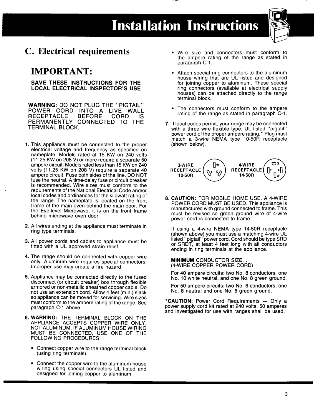 Whirlpool 30 eye-level range manual Electrical requirements, Minimum Conductor Size Wire Copper Power Cord 