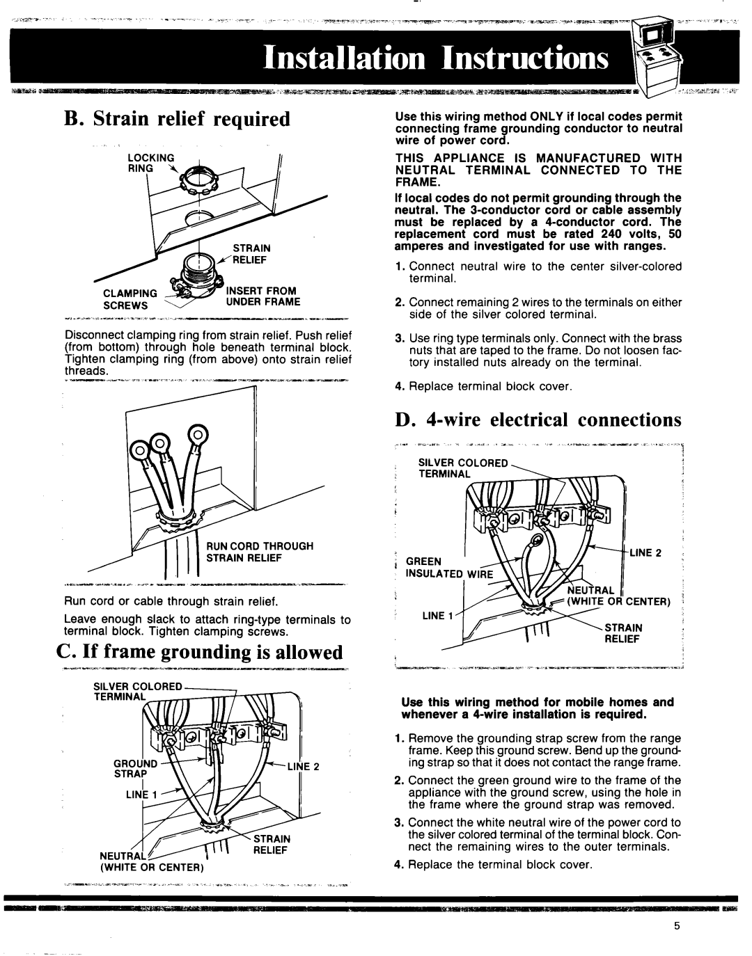 Whirlpool 30 eye-level range manual Strain relief required, If frame grounding is allowed, Wire electrical connections 