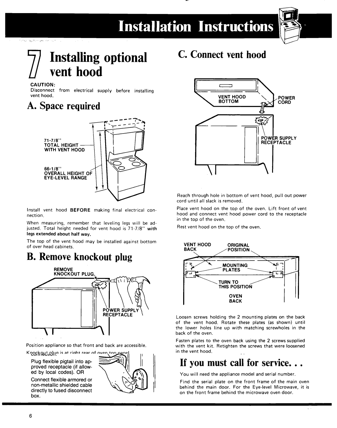 Whirlpool 30 eye-level range manual Spacerequired, Removeknockout plug, Connectvent hood 