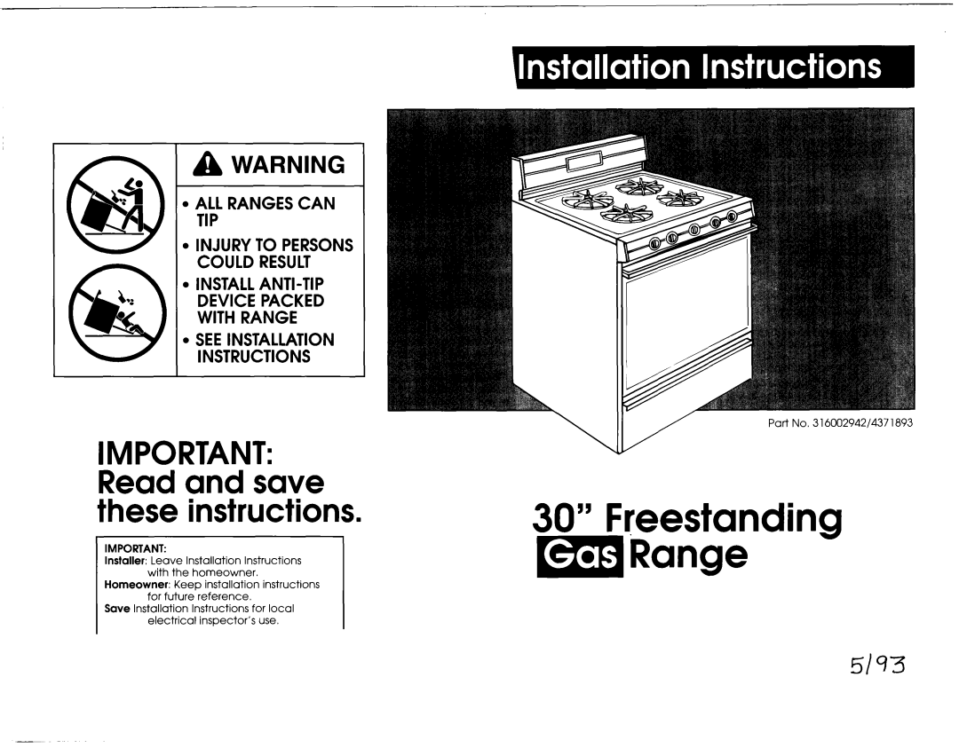 Whirlpool 30 installation instructions Important Read and save these instructions 