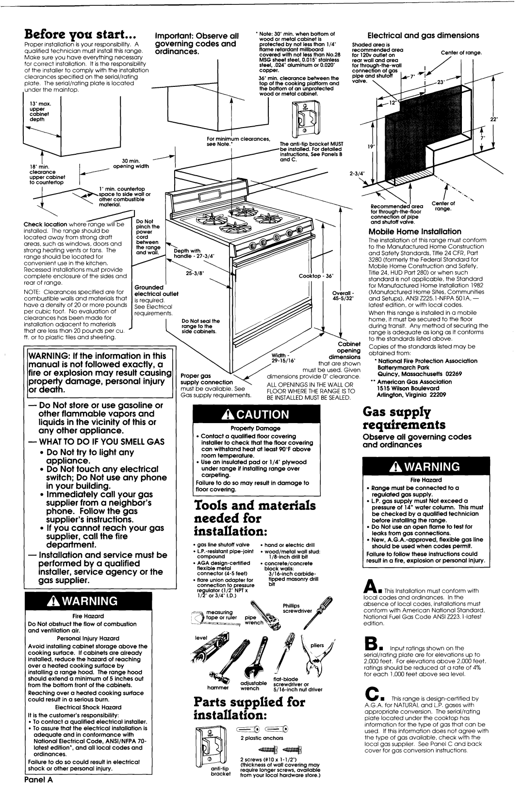 Whirlpool 30 installation instructions Before, Tools and matetials needed for installation, Parts, For 