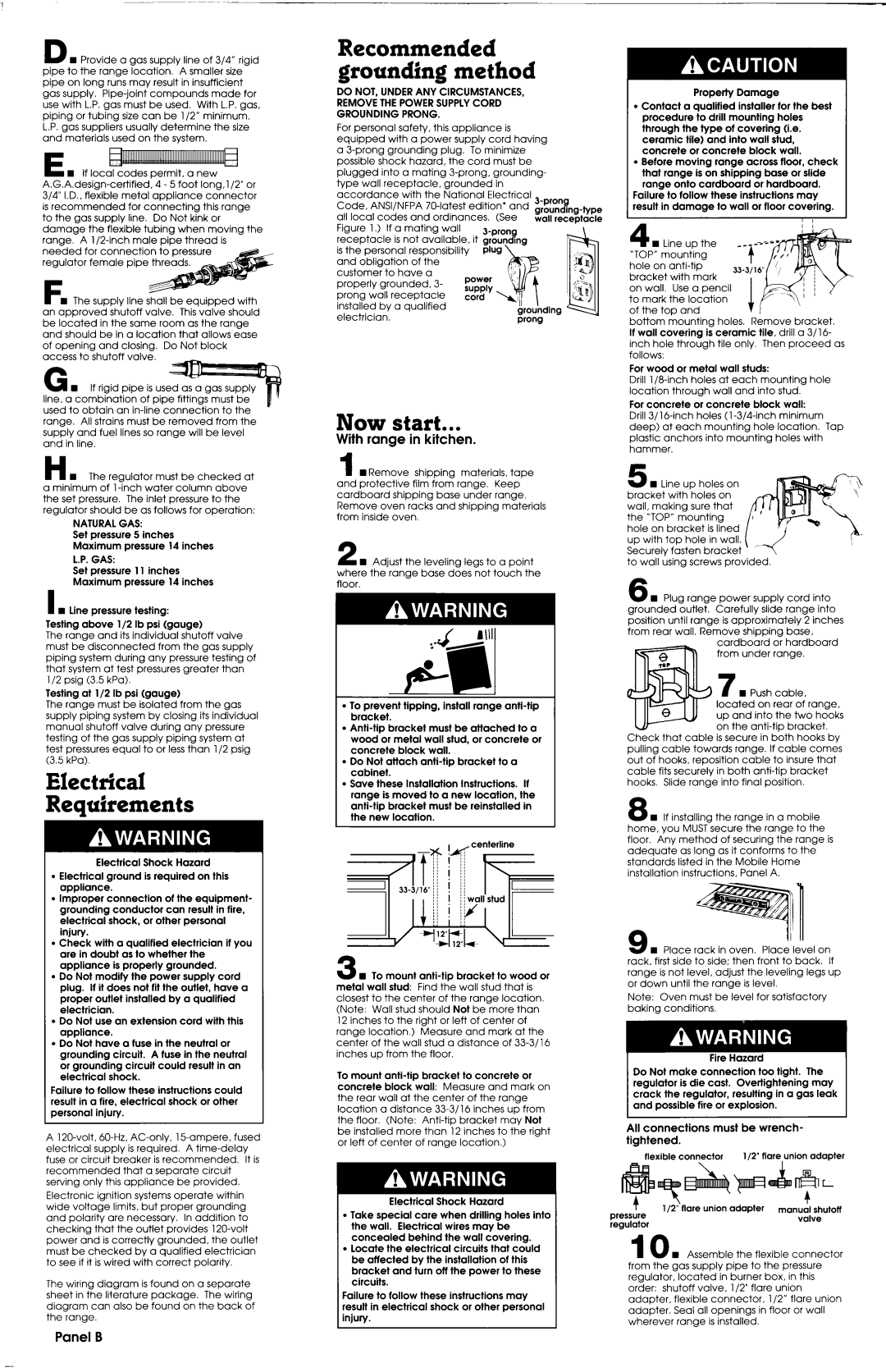 Whirlpool 30 installation instructions Electrical Requirements, Now start, With range in kitchen, Panel B 