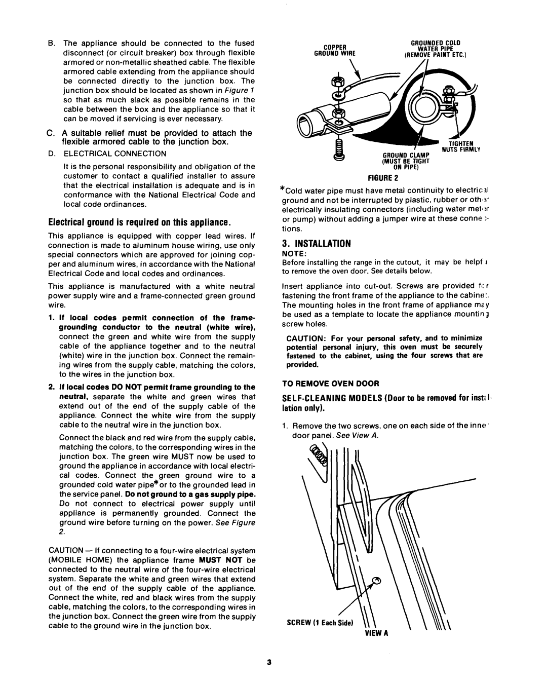 Whirlpool 311433 REV. C manual Installation, Electrical Connection, To Remove Oven Door 