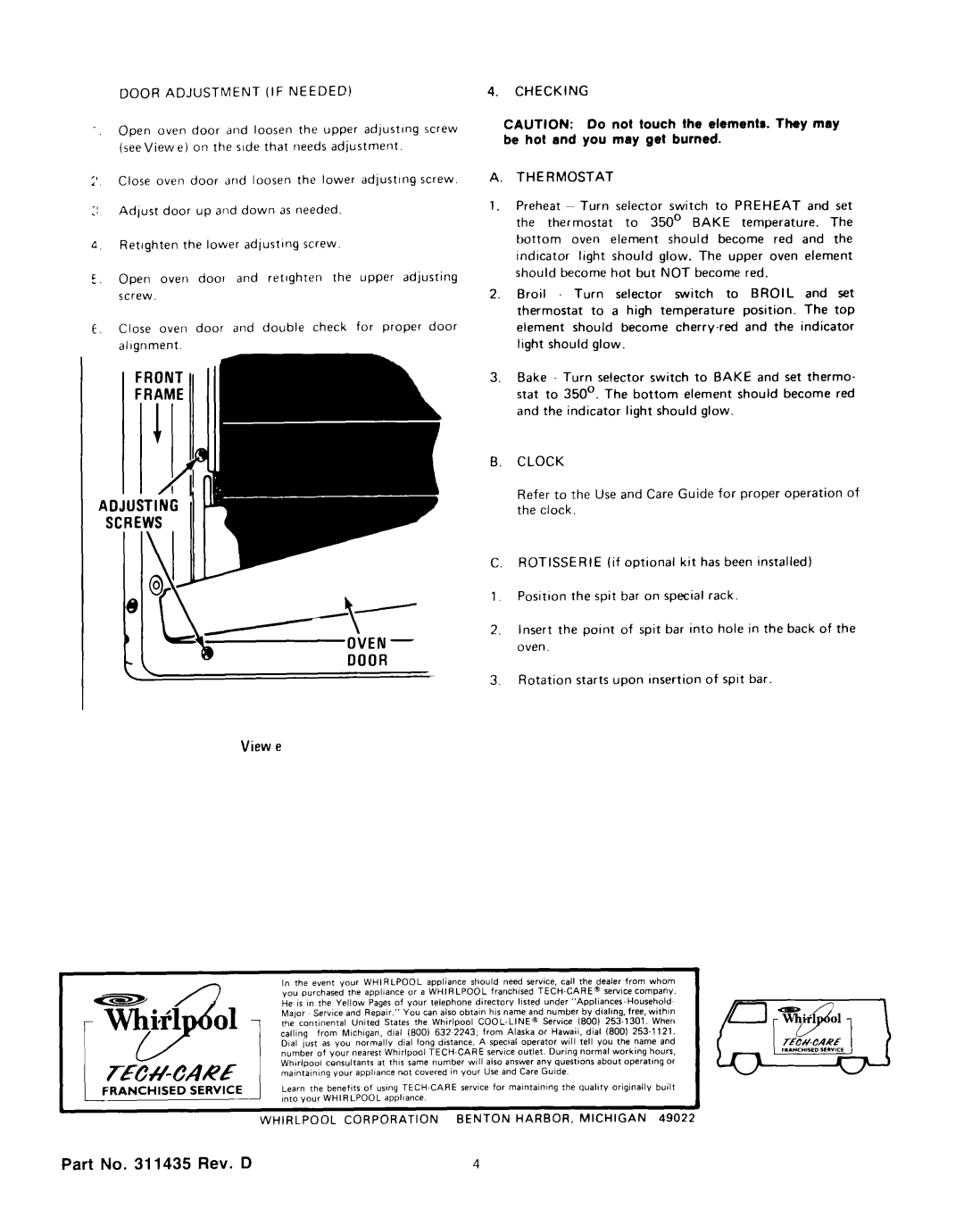 Whirlpool manual Adjusting, Front Frame, OVEN -oven DOOR, View e, Part No. 311435 Rev. D 