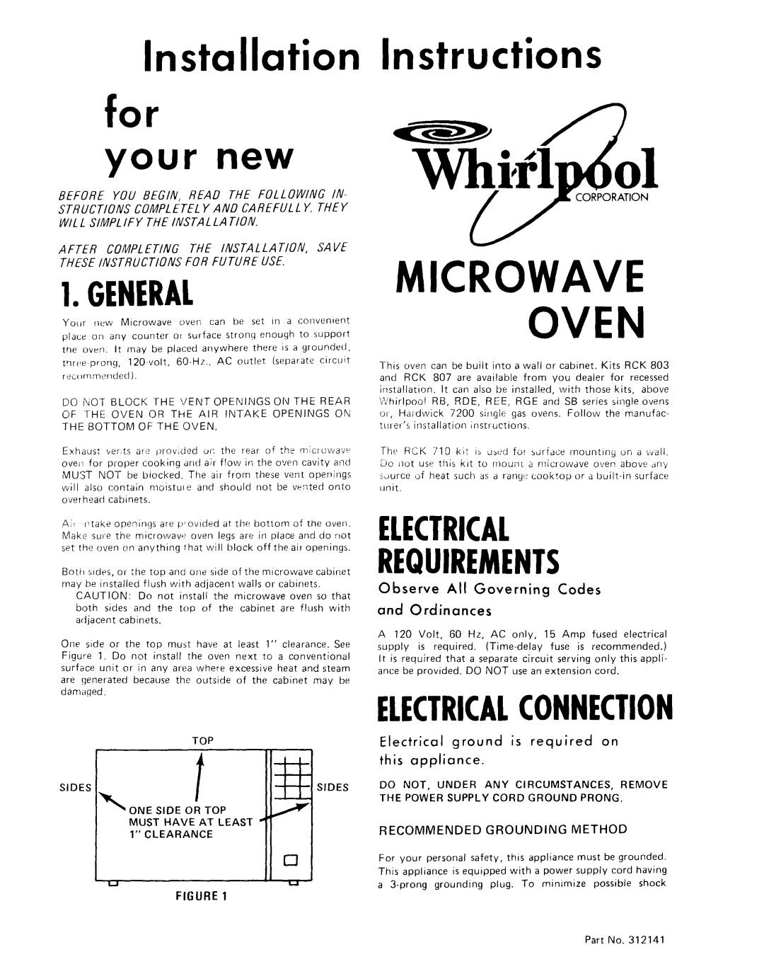 Whirlpool 312141 installation instructions General, Electrical Requirements, Recommended Grounding Method, Corporation 