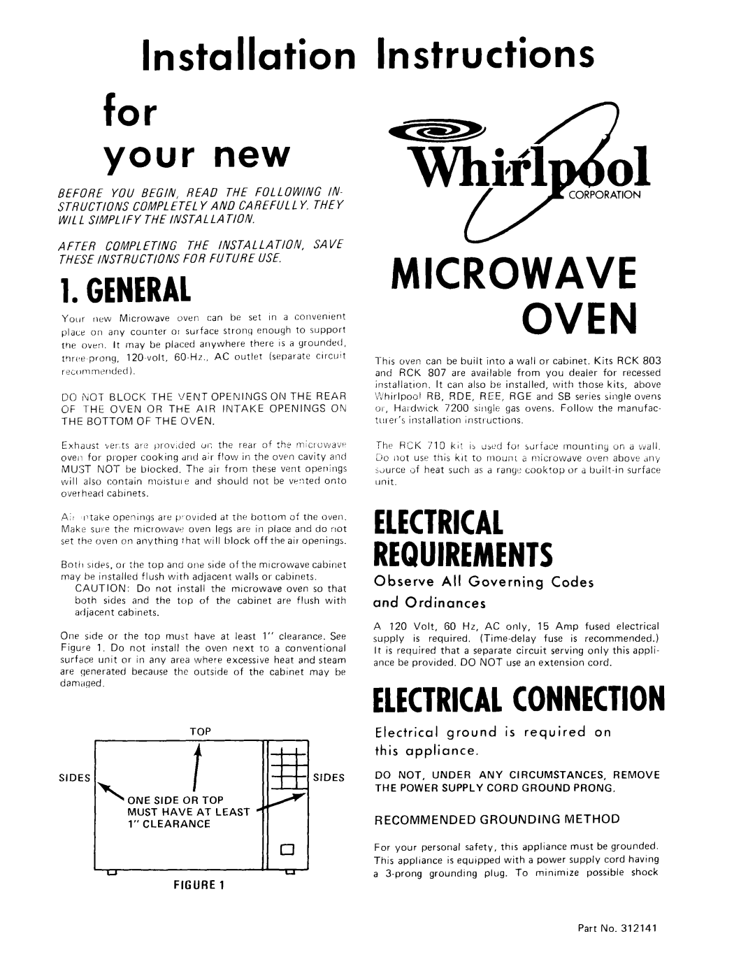 Whirlpool 312141 installation instructions Observe All Governing Codes and Ordinances, Recommended Grounding Method 