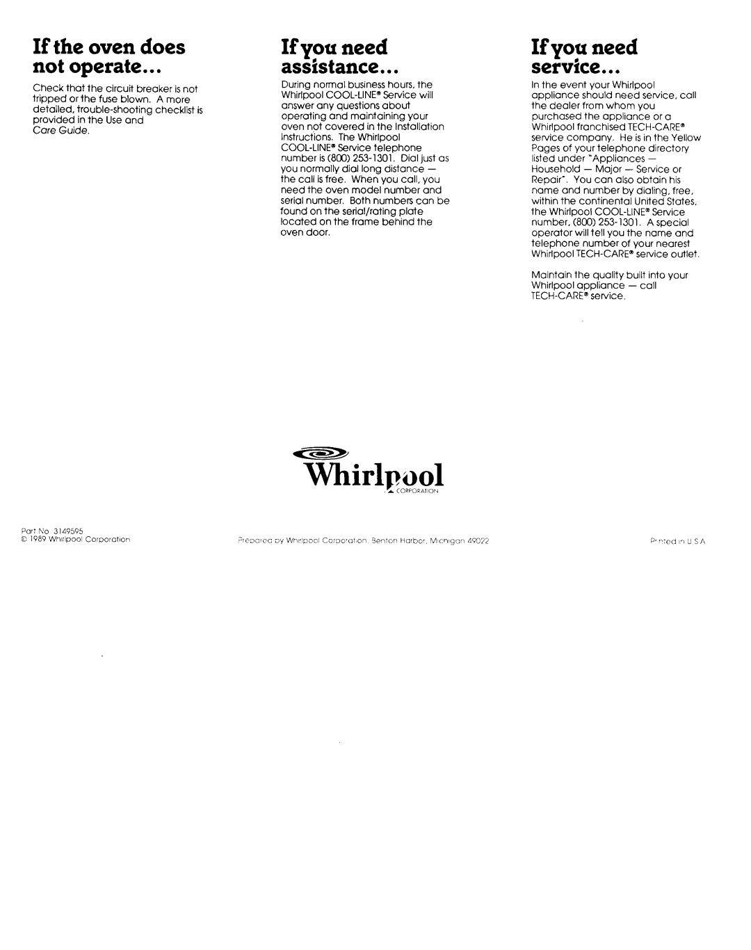 Whirlpool 3149595 installation instructions If the oven does Not operate, Port I\0 3 WhIrlpool Corporatfon 