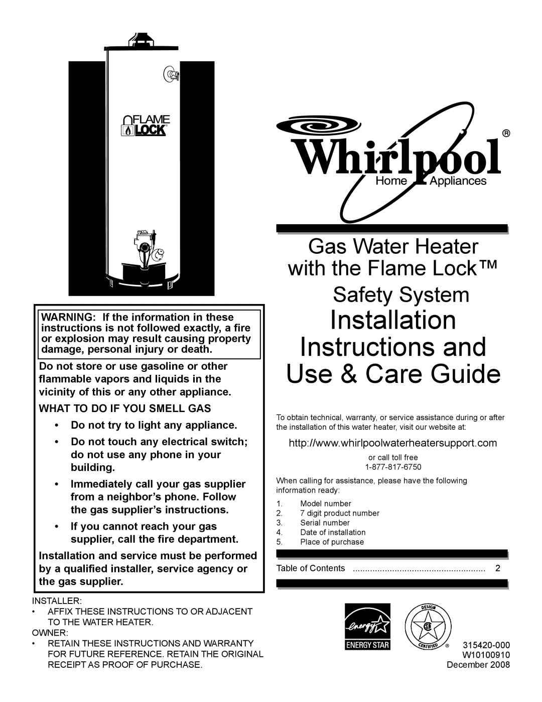 Whirlpool W10100910, 315420-000 warranty Installation Instructions Use & Care Guide 
