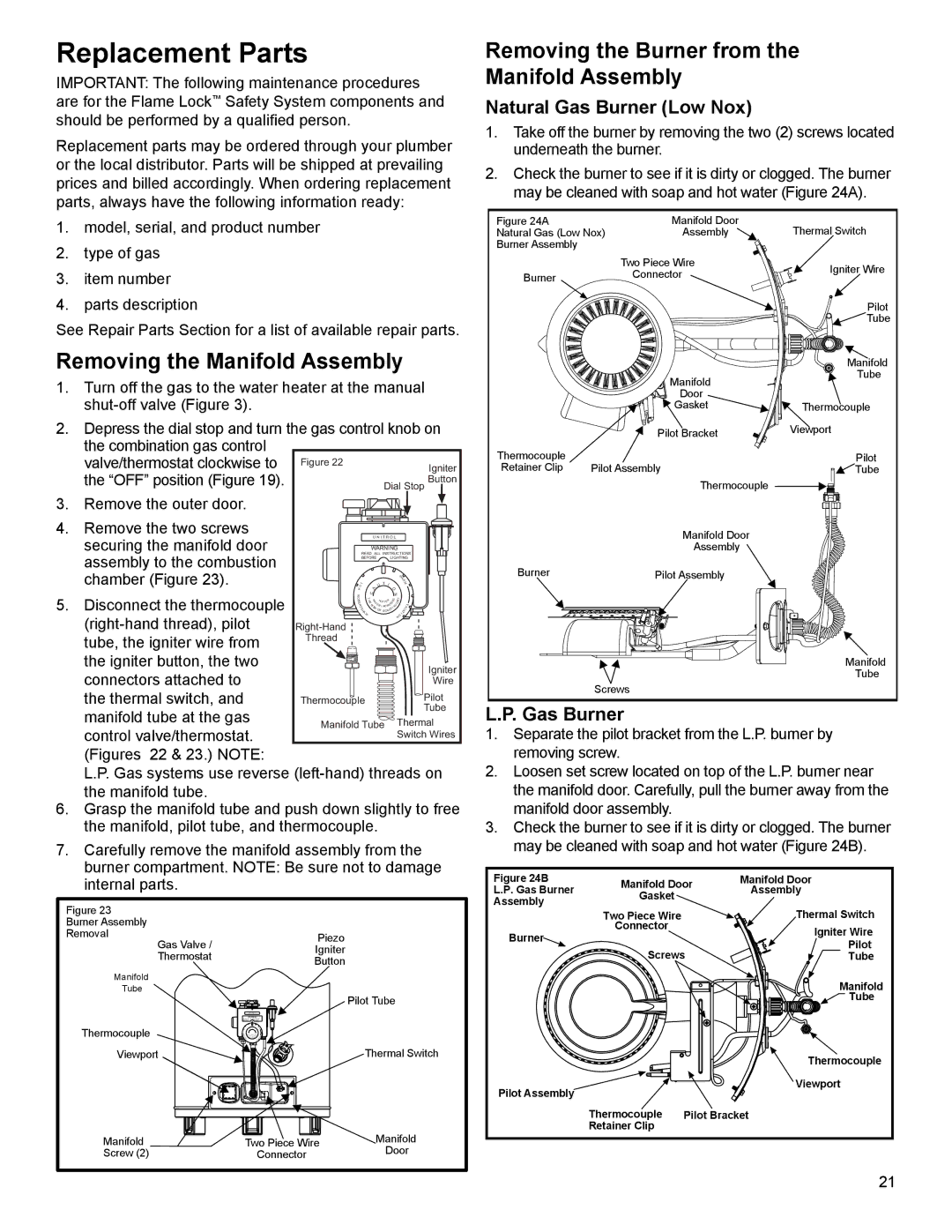 Whirlpool W10100910 warranty Replacement Parts, Removing the Burner from the Manifold Assembly, Natural Gas Burner Low Nox 