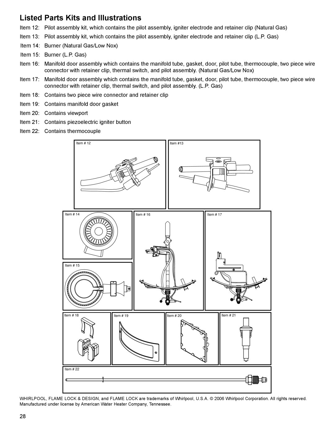 Whirlpool 315420-000, W10100910 warranty Listed Parts Kits and Illustrations 